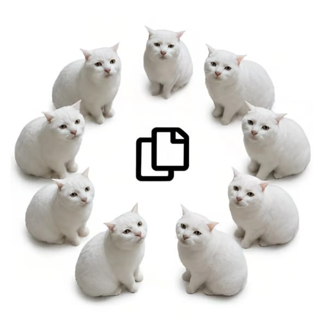 Nine identical white cats